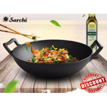 Preseasoned cast iron wok with two ears